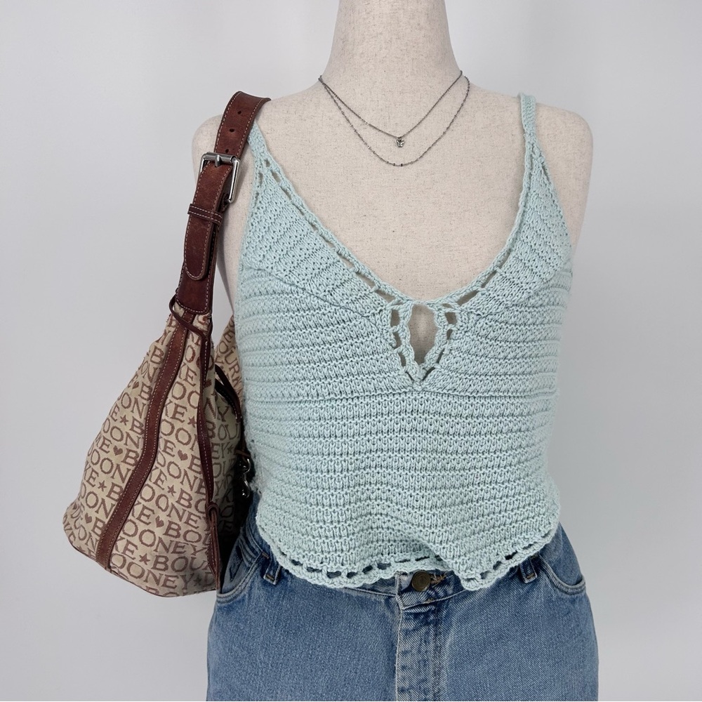 Y2K Boho Crochet Tank Top Indie Coquette Lace Trim Knit Crop Cami AE - Picture 1 of 6